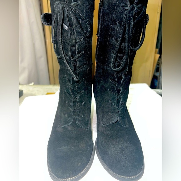 Me Too Womens Black Suede Zipper Round Toe Mid Calf Lace Up Booties Size 8 M - Picture 1 of 11